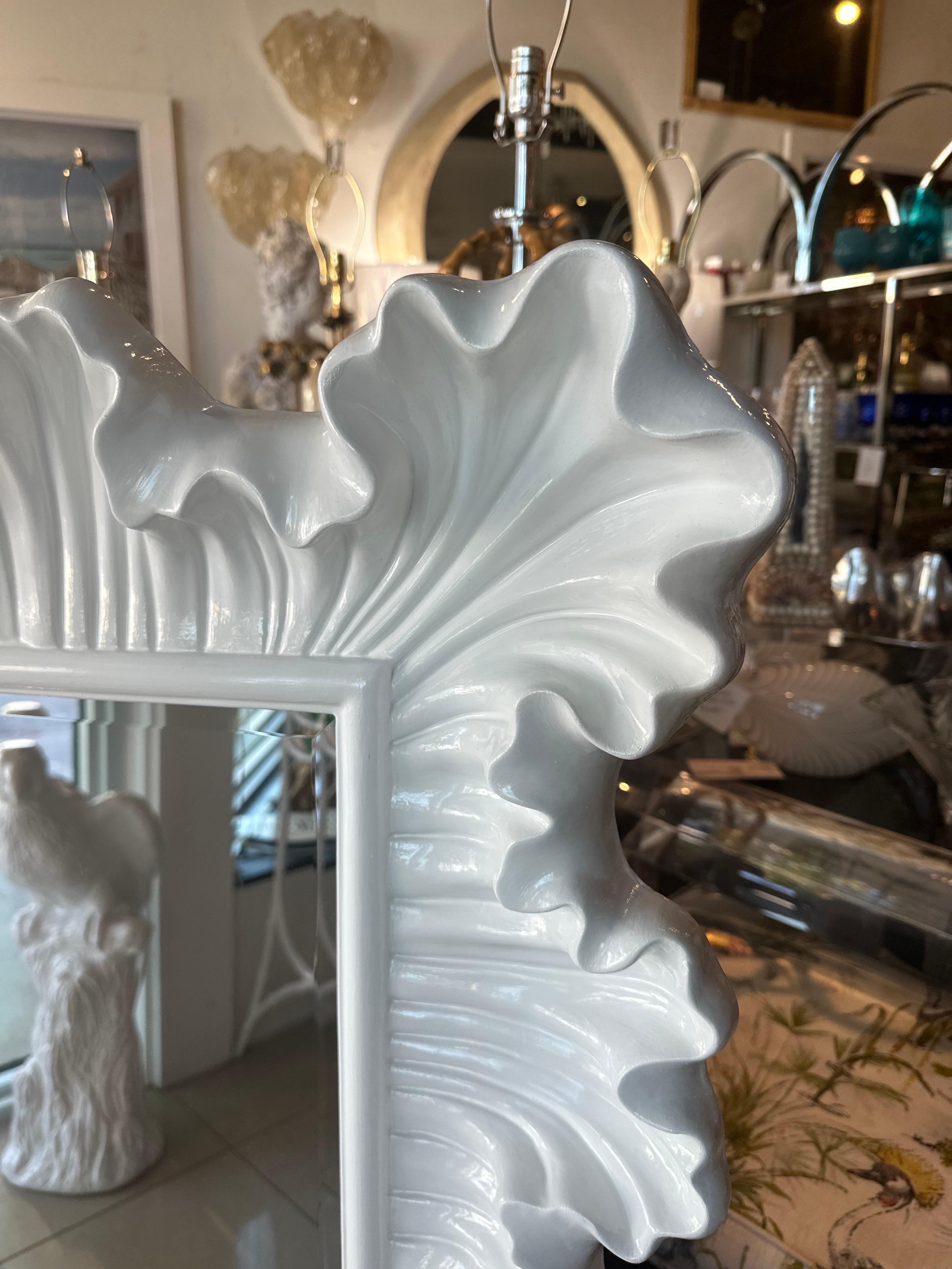 Newly Palm Beach White Lacquered Ruffle Scalloped Wall Mirror  For Sale 1