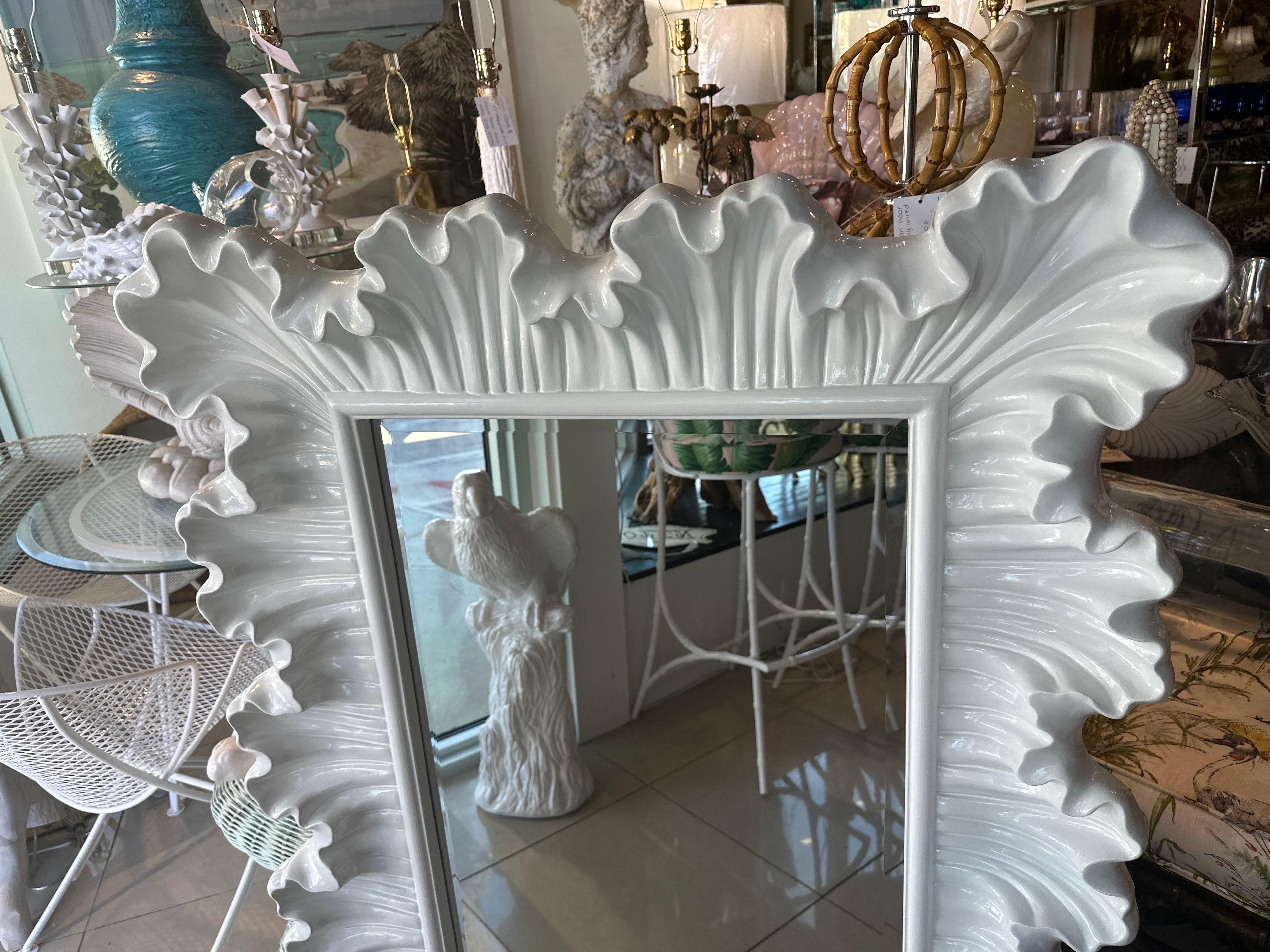 Newly Palm Beach White Lacquered Ruffle Scalloped Wall Mirror  For Sale 2