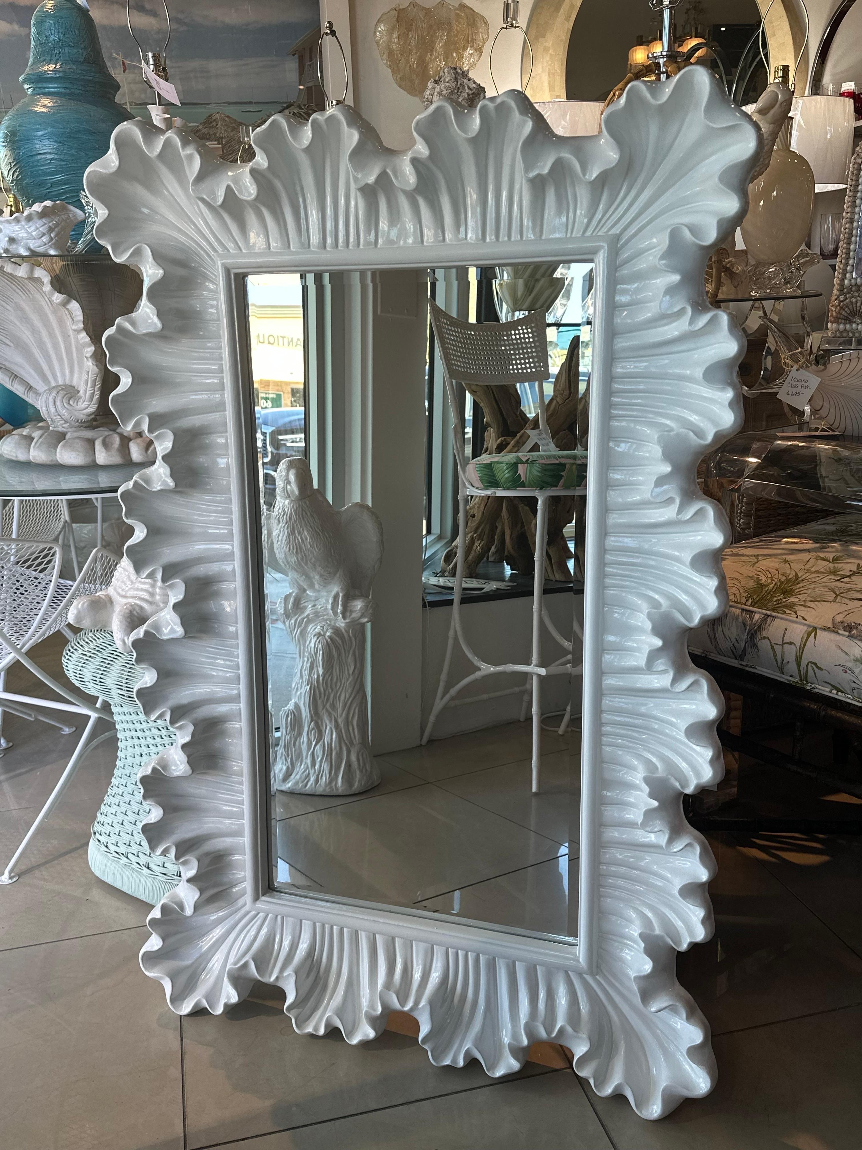 Newly Palm Beach White Lacquered Ruffle Scalloped Wall Mirror  For Sale 3