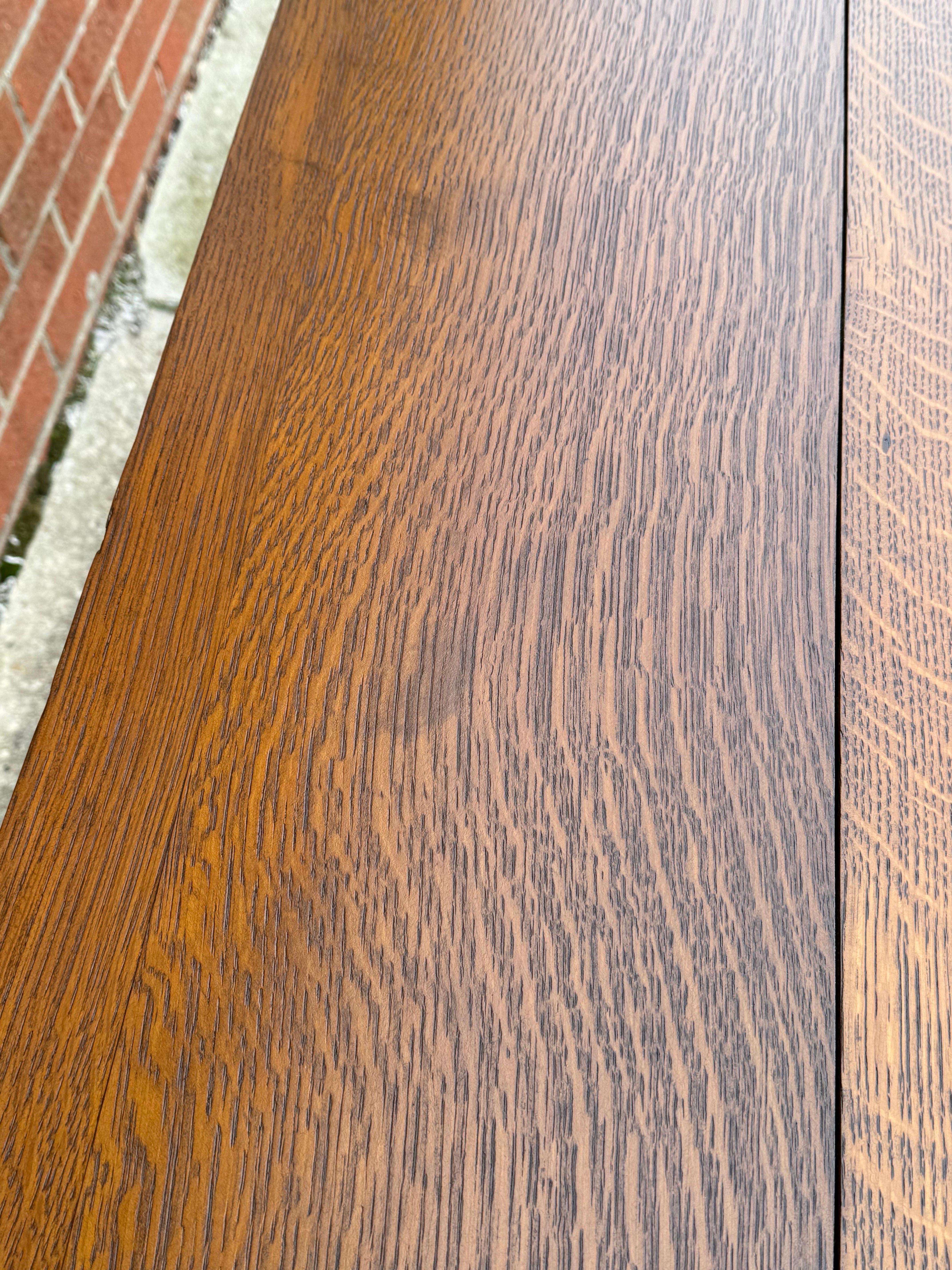 Newly Refinished Antique Drop-leaf Tiger Oak table with Faux Bamboo Legs For Sale 9