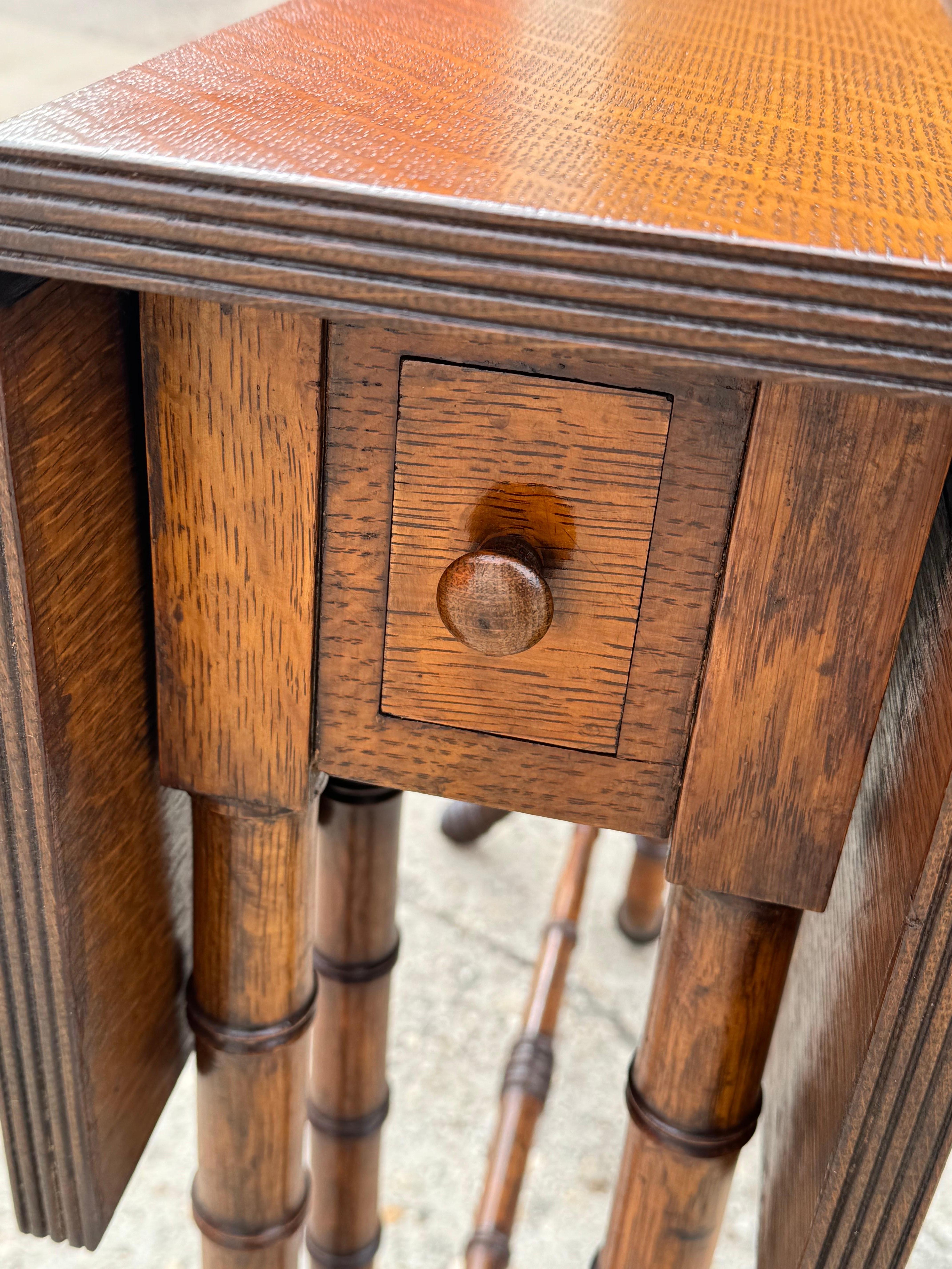 19th Century Newly Refinished Antique Drop-leaf Tiger Oak table with Faux Bamboo Legs For Sale