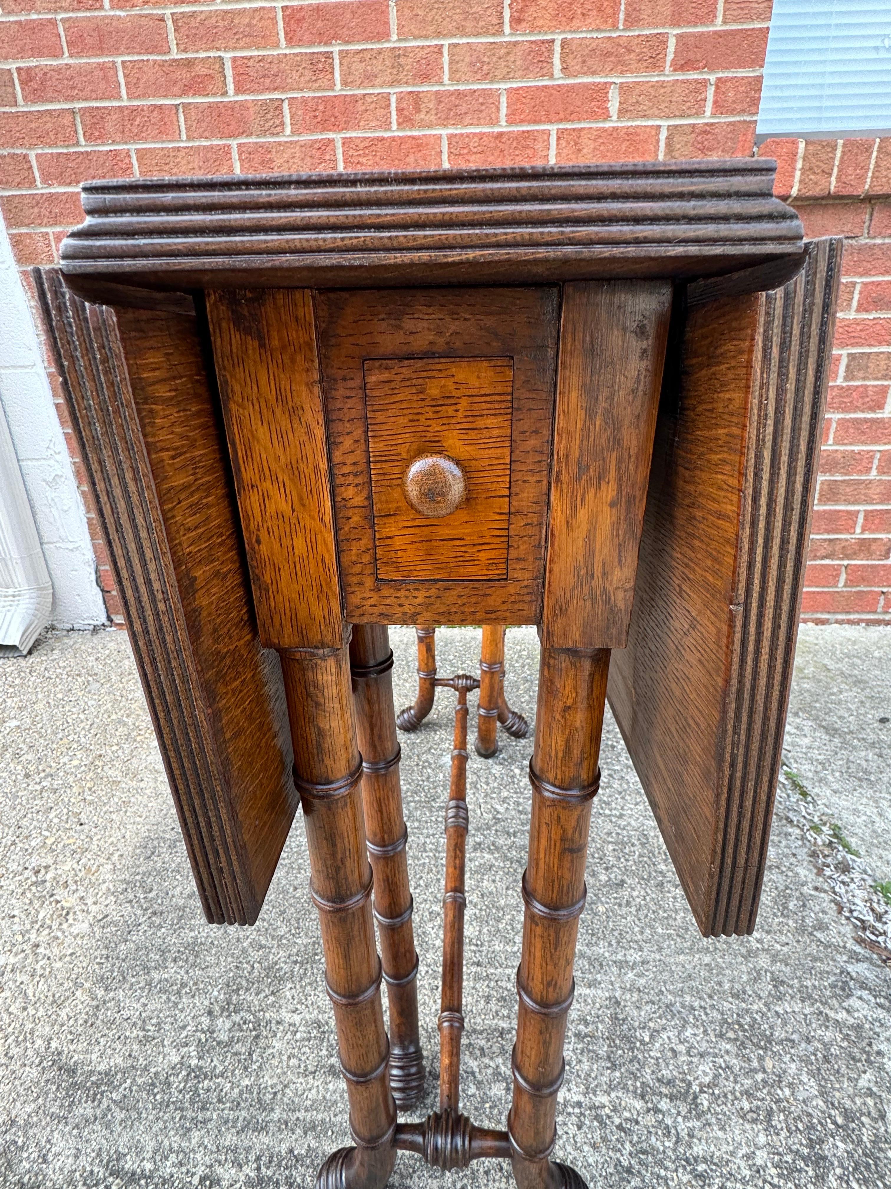Newly Refinished Antique Drop-leaf Tiger Oak table with Faux Bamboo Legs For Sale 1