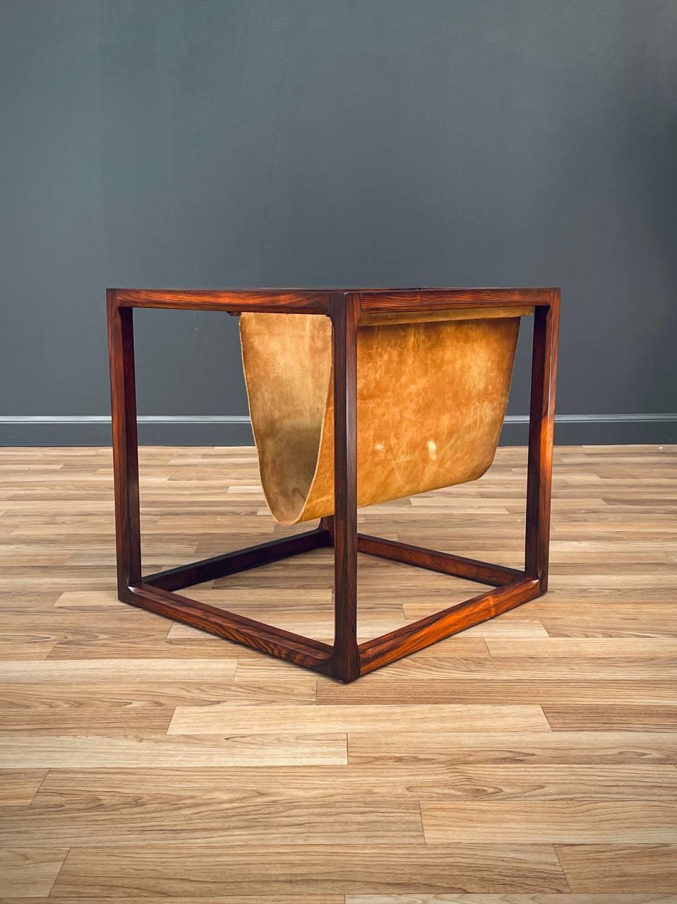 Leather Newly Refinished -Danish Modern Side Table with Magazine Rack by Kai Kristiansen