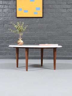 Newly Refinished - Italian Carrara Marble & Walnut Coffee Table