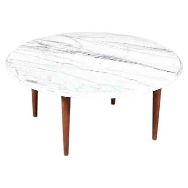 Newly Refinished - Italian Carrara Marble & Walnut Coffee Table