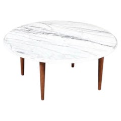 Newly Refinished - Italian Carrara Marble & Walnut Coffee Table