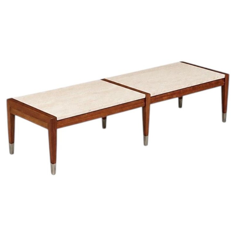 Newly Refinished - Italian Travertine Top & Walnut Coffee Table by Sligh Lowry