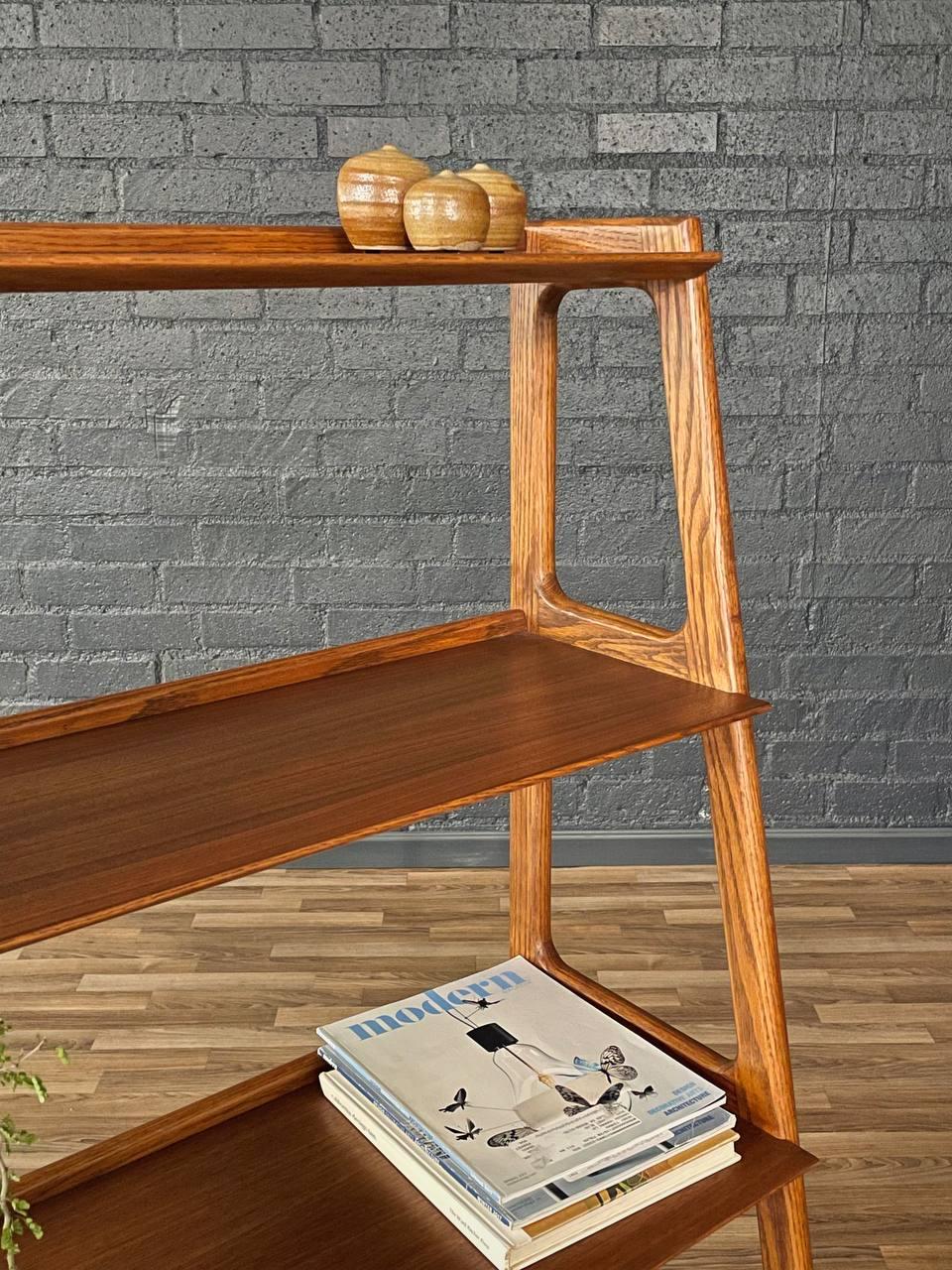 Oak Newly Refinished - Mid-Century Modern 4-Tier Sculpted Walnut Bookshelf For Sale