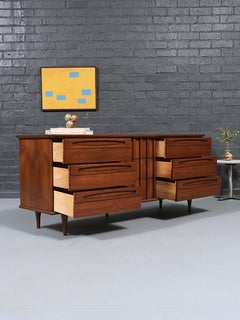 Newly Refinished - Mid Century Modern 9-Drawer Sculpted Walnut Dresser