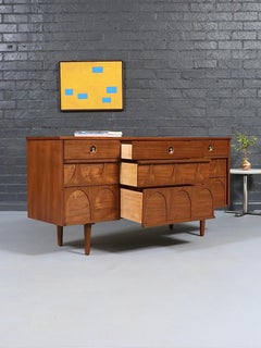 Newly Refinished - Mid Century Modern 9-Drawer Sculpted Walnut Dresser