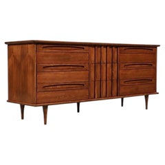 Newly Refinished - Mid Century Modern 9-Drawer Sculpted Walnut Dresser