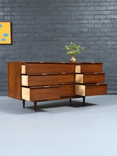Newly Refinished - Mid Century Modern 9-Drawer Walnut w/ Cane Pulls