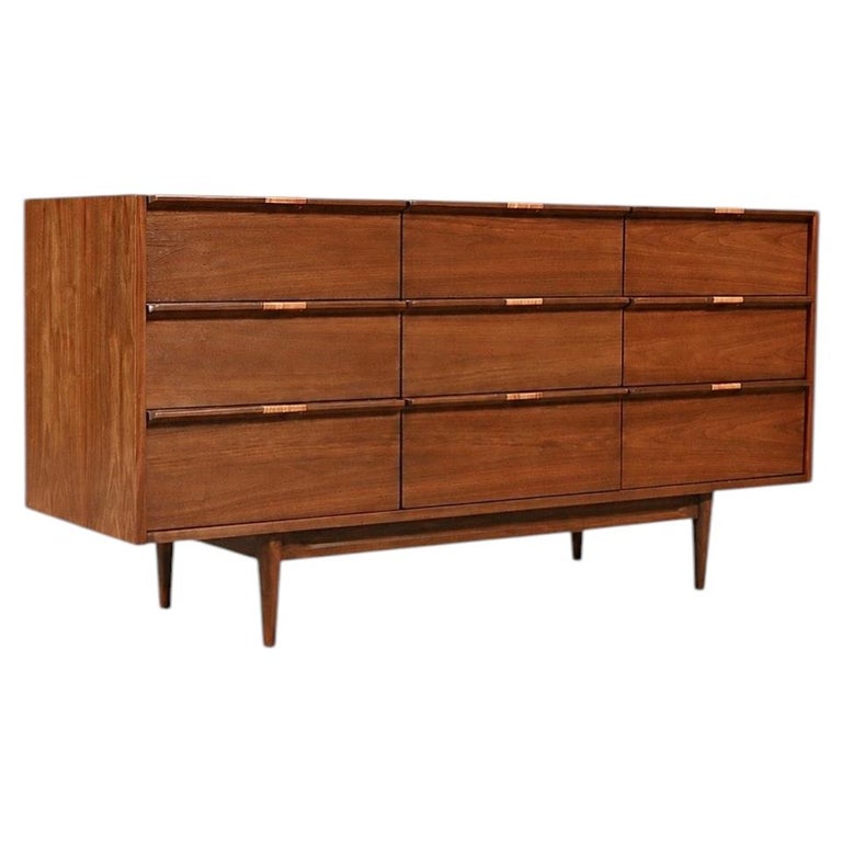 Newly Refinished - Mid Century Modern 9-Drawer Walnut w/ Cane Pulls
