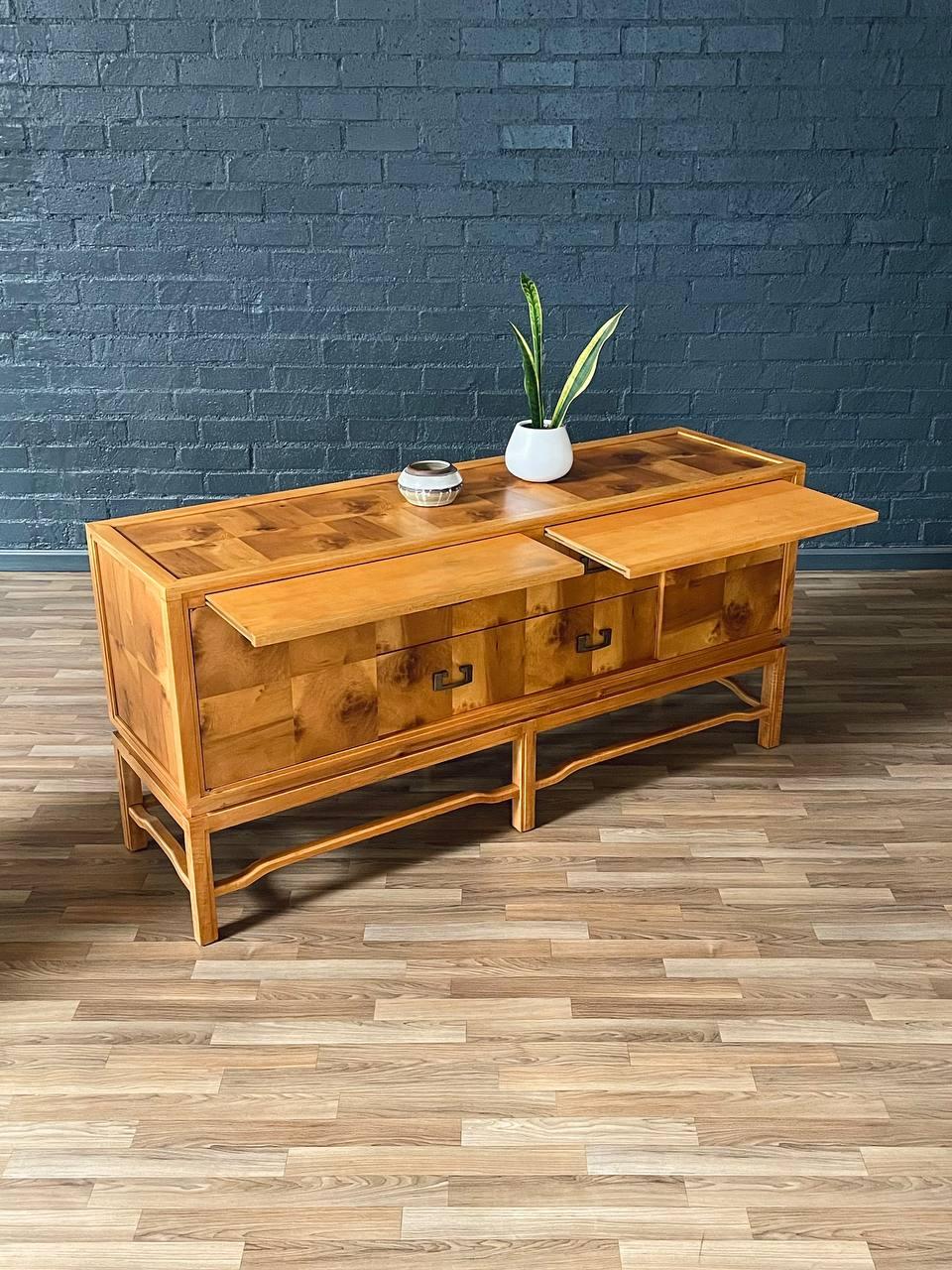 Mid-20th Century Newly Refinished - Mid-Century Modern Burlwood Credenza by Ray See for SeeMar For Sale