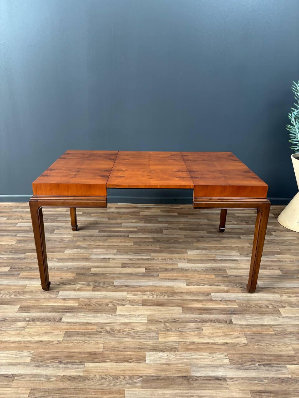 Newly Refinished - Mid-Century Modern Burlwood Expanding Butterfly Dining Table  In Excellent Condition For Sale In Los Angeles, CA