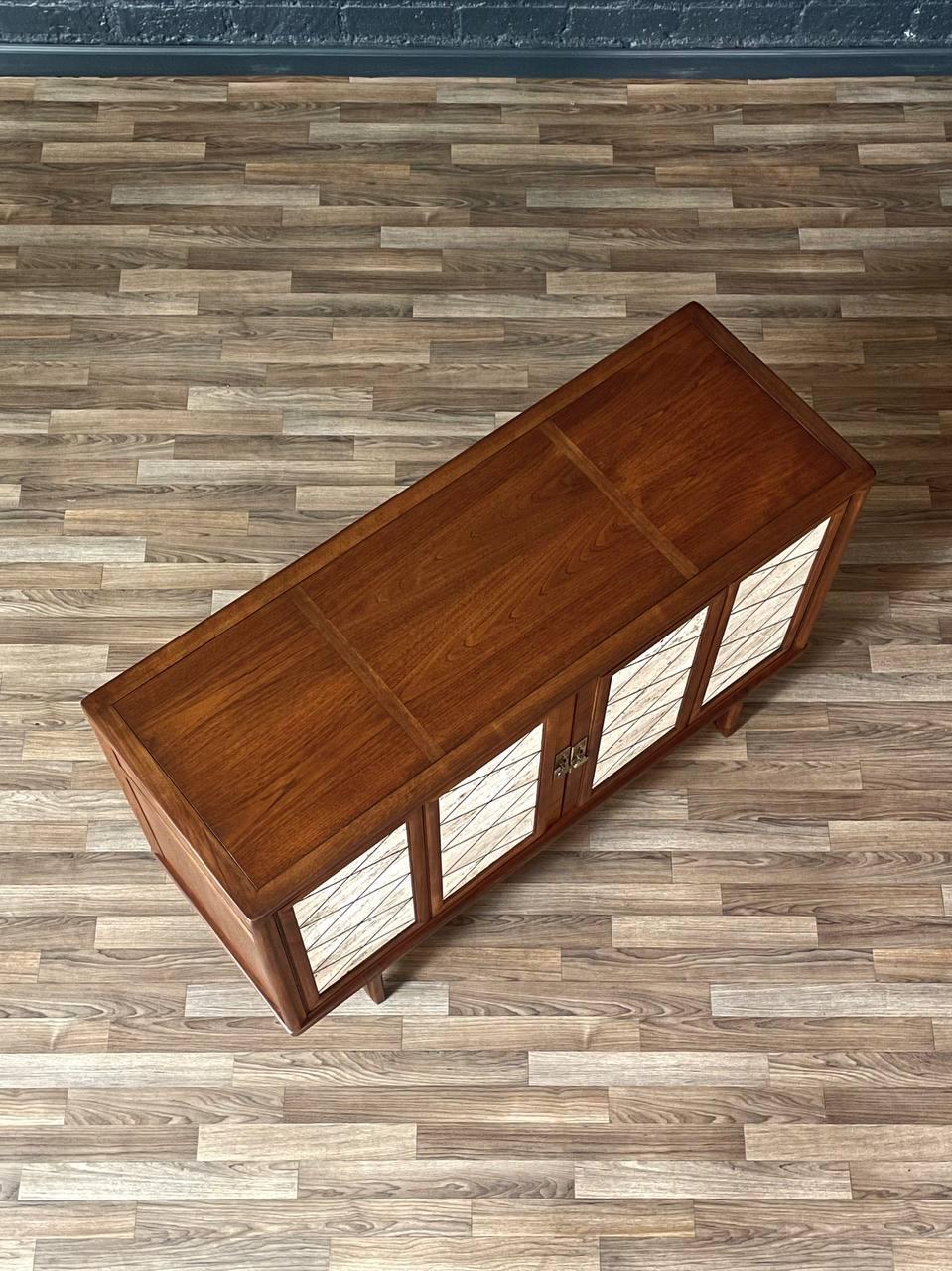 Brass Newly Refinished -Mid-Century Modern Credenza Travertine Stone, Bi-Folding Doors For Sale