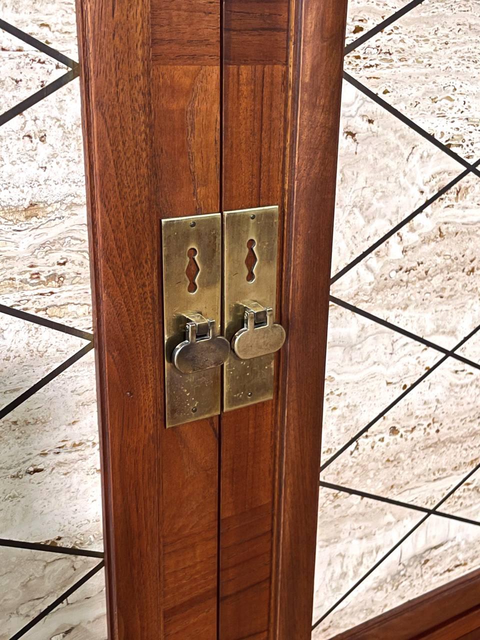 Newly Refinished -Mid-Century Modern Credenza Travertine Stone, Bi-Folding Doors For Sale 3