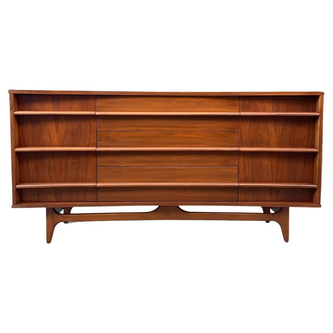 Newly Refinished - Mid-Century Modern Curved-Front Walnut Credenza