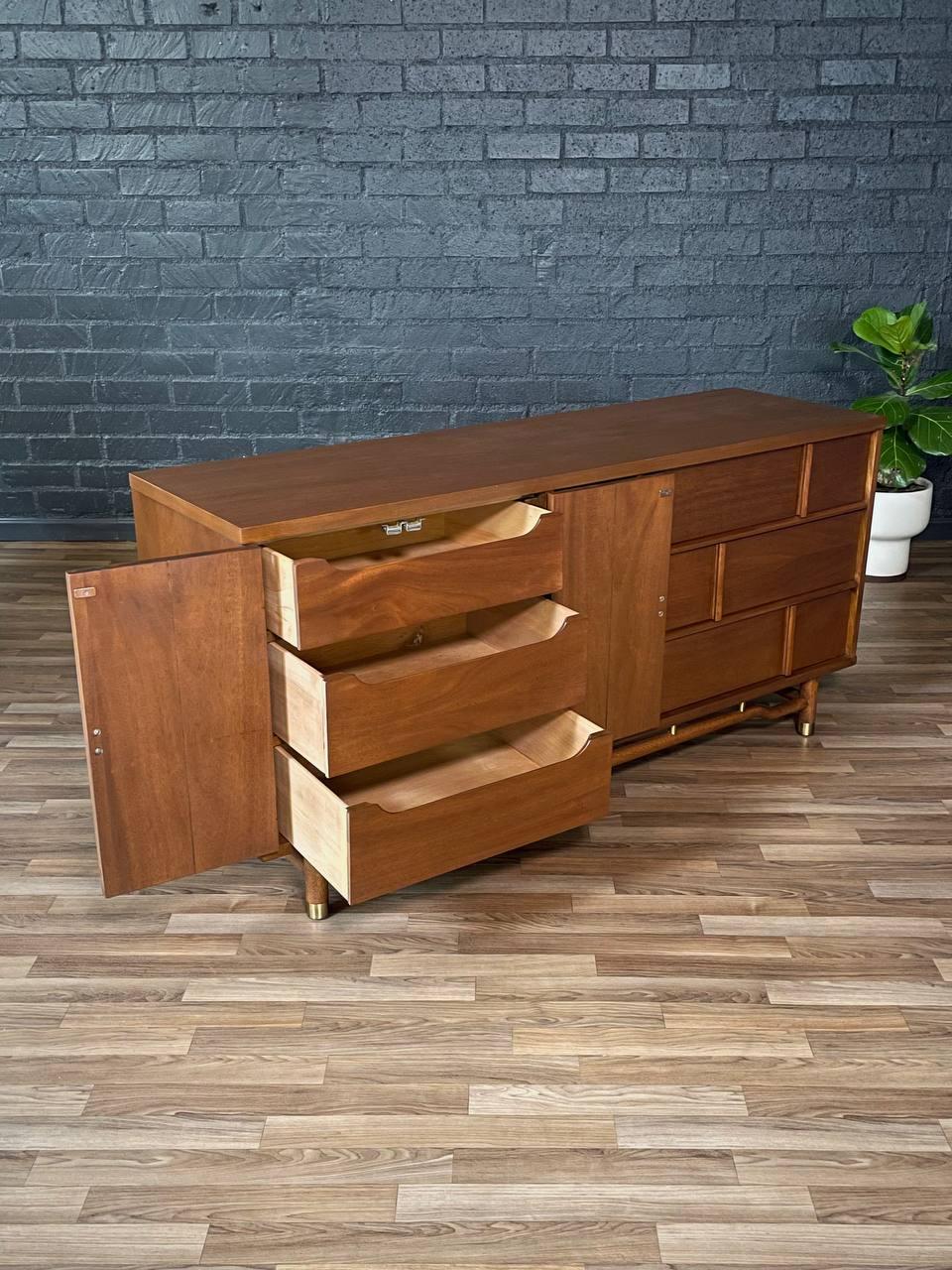 Mid-20th Century Newly Refinished - Mid-Century Modern Dresser w, Brass Accents For Sale