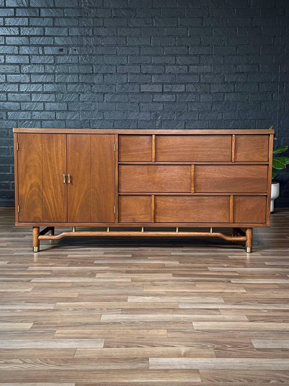 Newly Refinished - Mid-Century Modern Dresser w, Brass Accents For Sale 1