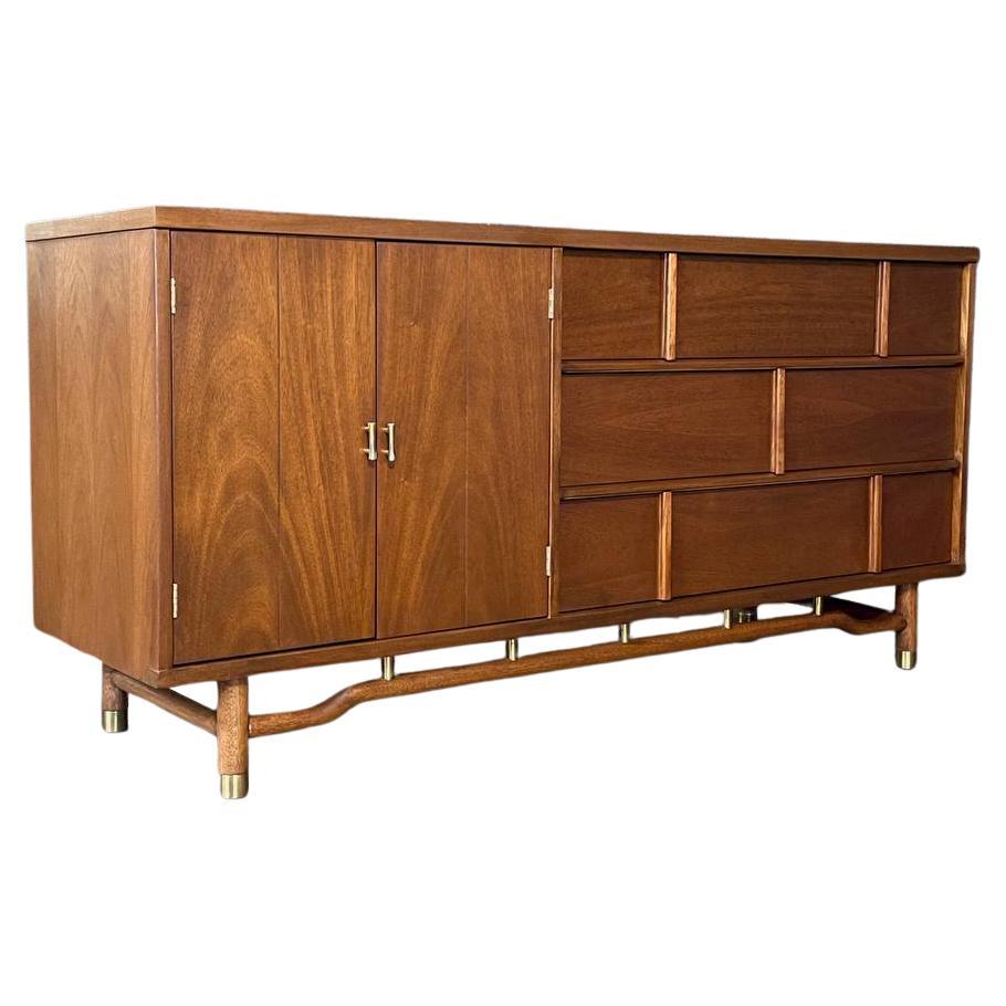Newly Refinished - Mid-Century Modern Dresser w, Brass Accents