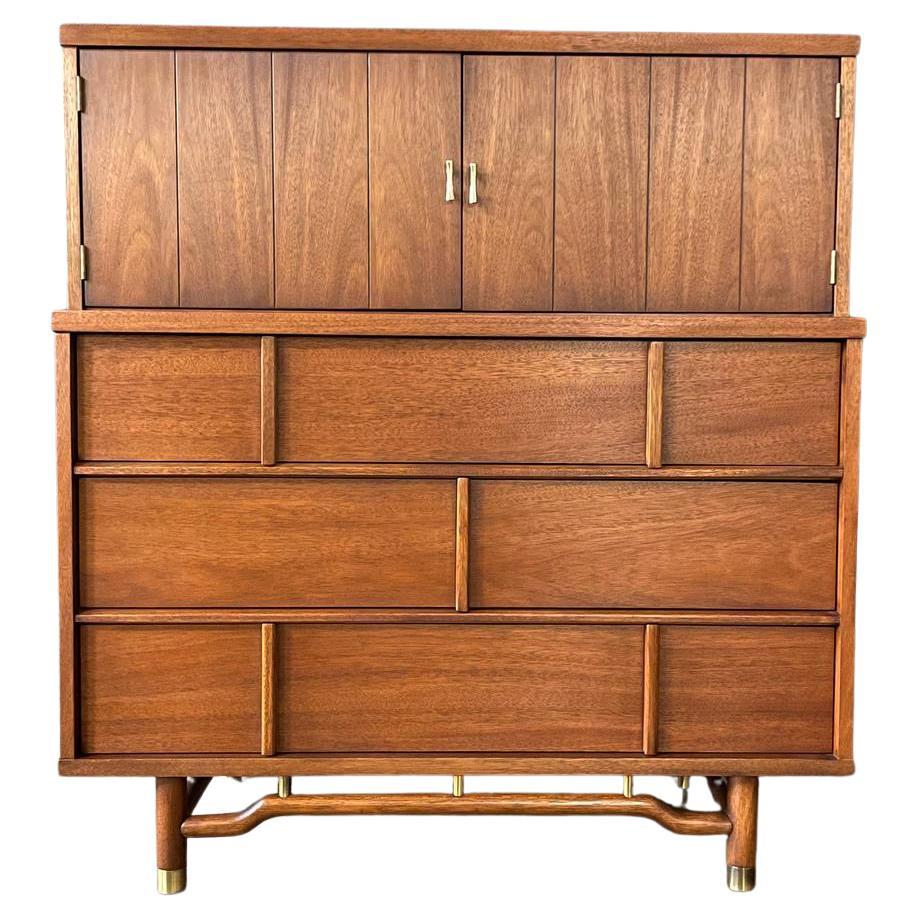 Newly Refinished - Mid-Century Modern Highboy Dresser w/ Brass Accents