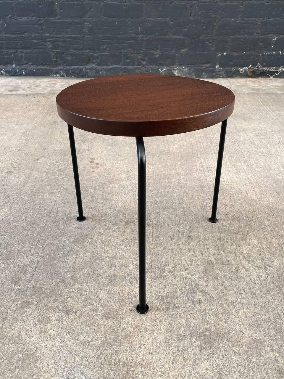 American Newly Refinished - Mid-Century Modern & Iron Tri-Leg Side Table