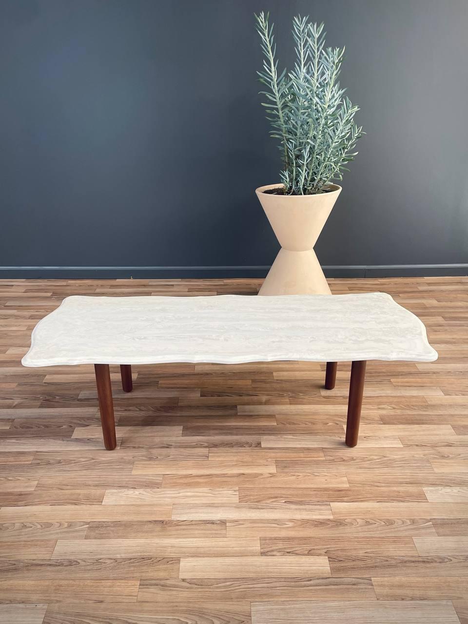 American Newly Refinished - Mid-Century Modern Marble Stone & Walnut Coffee Table For Sale