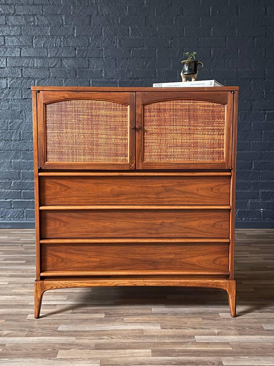 Mid-20th Century Newly Refinished - Mid-Century Modern “Rhythm” Walnut & Cane Highboy Dresser For Sale