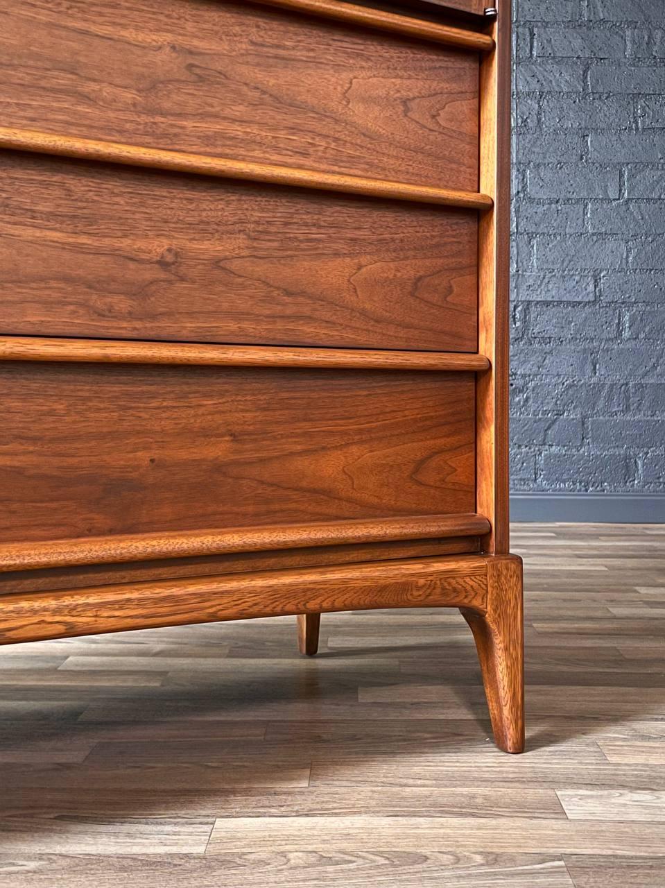 Newly Refinished - Mid-Century Modern “Rhythm” Walnut & Cane Highboy Dresser For Sale 3