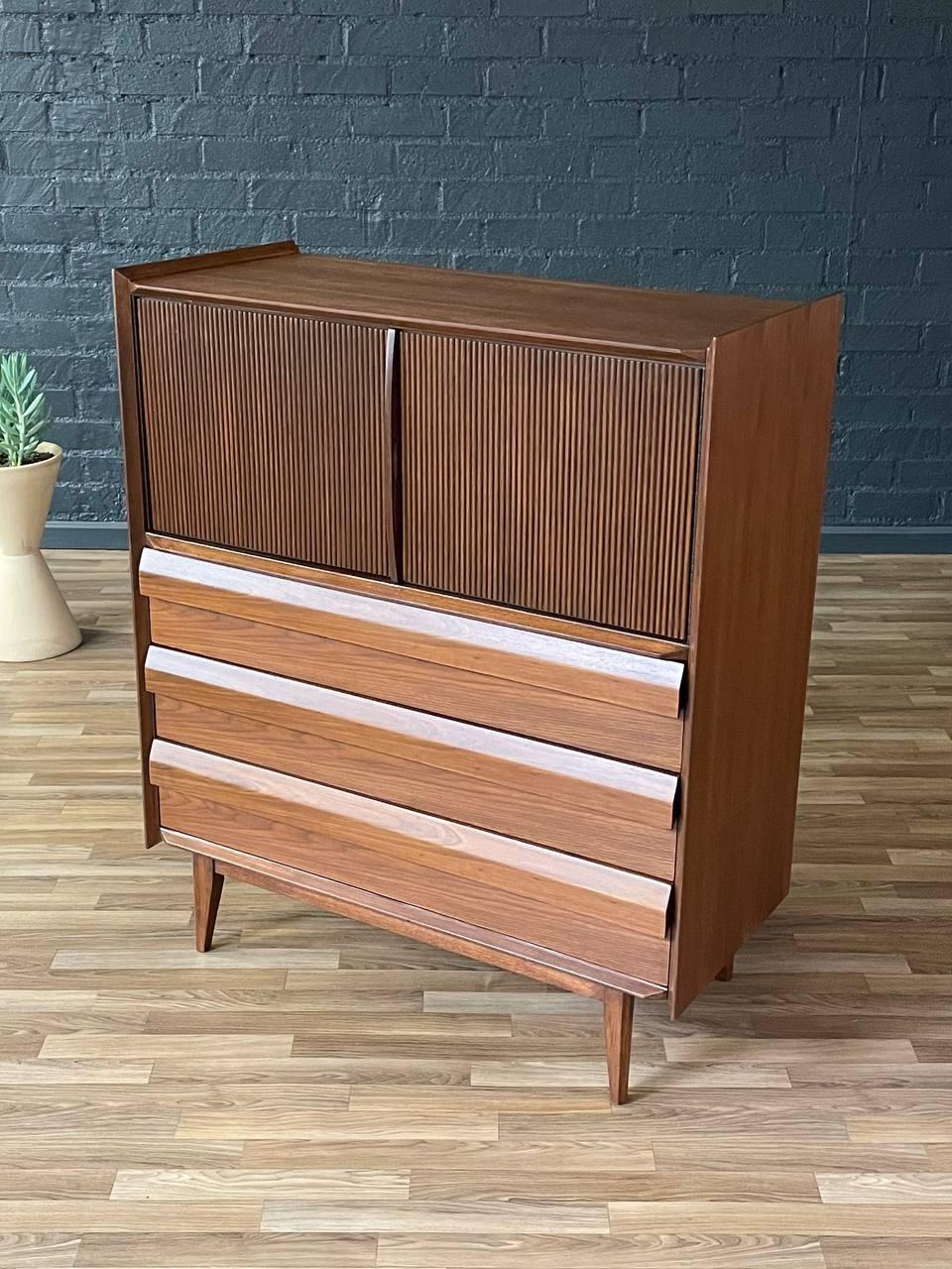 American Newly Refinished - Mid-Century Modern “Rhythm” Walnut Highboy Dresser by Lane