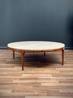 Newly Refinished - Mid-Century Modern Round Marble & Walnut Coffee Table by Lane