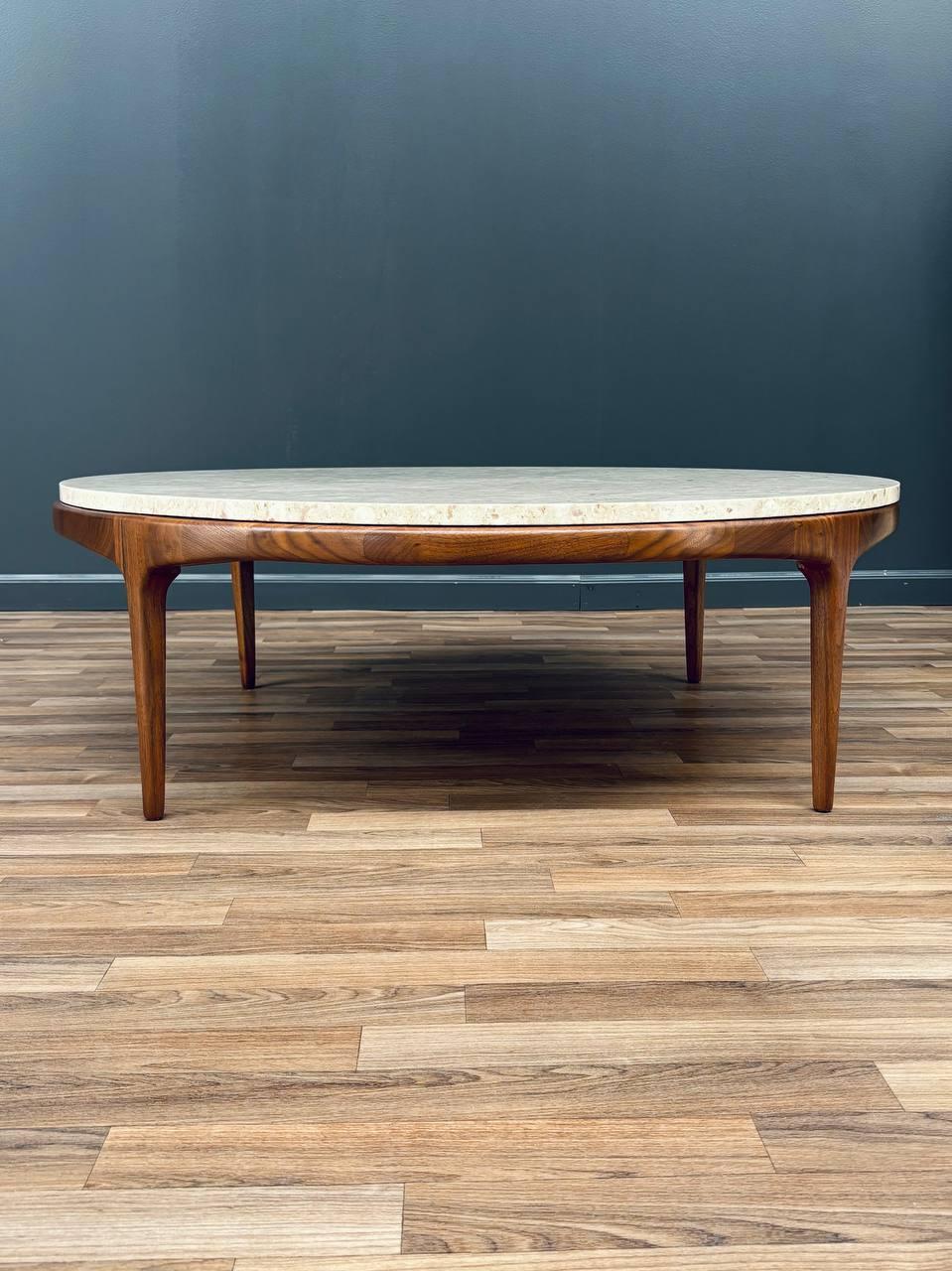American Newly Refinished - Mid-Century Modern Round Marble & Walnut Coffee Table by Lane For Sale
