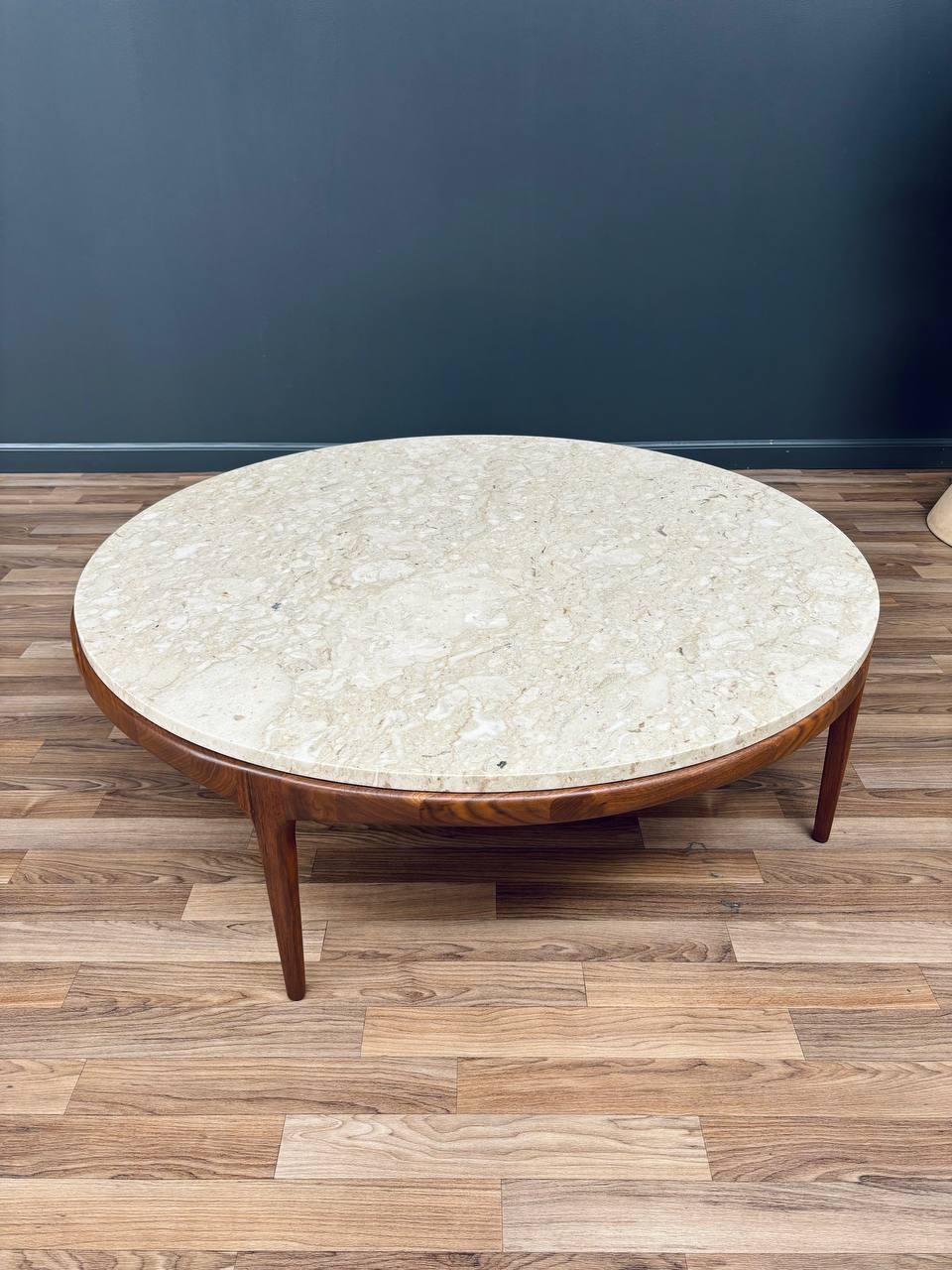 Newly Refinished - Mid-Century Modern Round Marble & Walnut Coffee Table by Lane In Excellent Condition For Sale In Los Angeles, CA