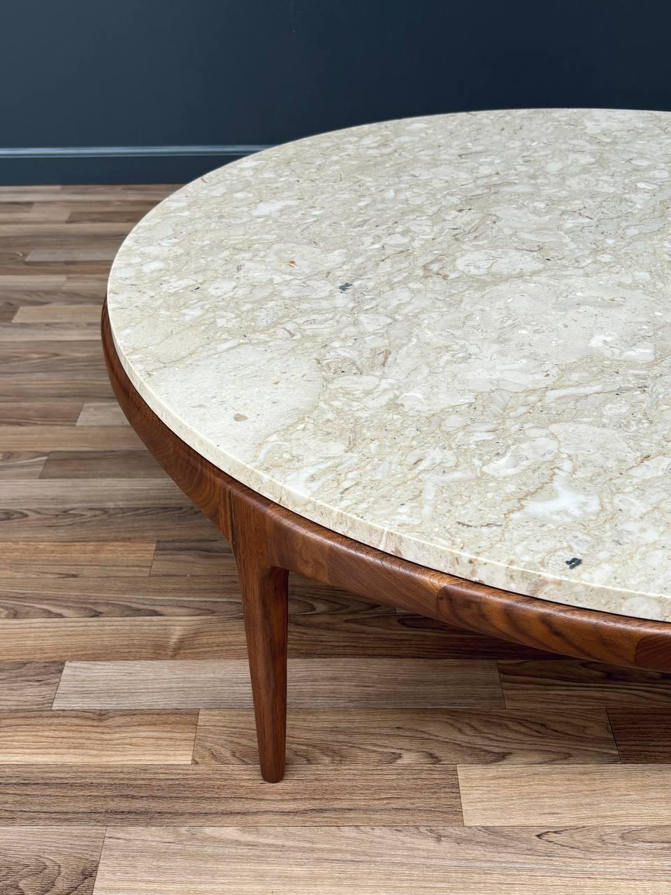 Newly Refinished - Mid-Century Modern Round Marble & Walnut Coffee Table by Lane For Sale 1