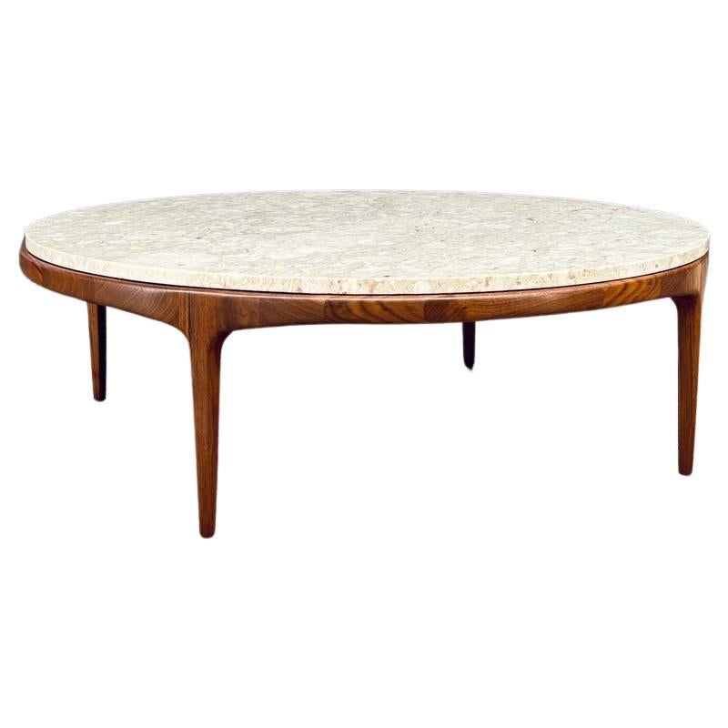 Newly Refinished - Mid-Century Modern Round Marble & Walnut Coffee Table by Lane For Sale