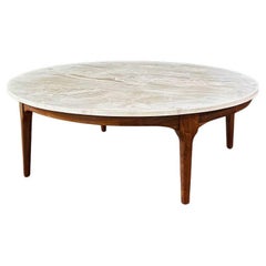 Newly Refinished - Mid-Century Modern Round Marble & Walnut Coffee Table