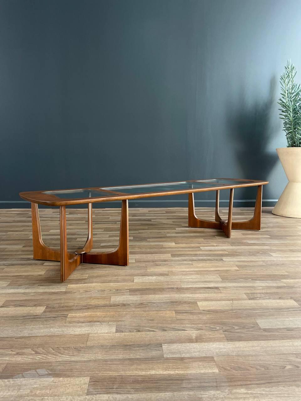 Newly Refinished -Mid-Century Modern Sculpted Walnut Coffee Table with Glass Top In Excellent Condition In Los Angeles, CA
