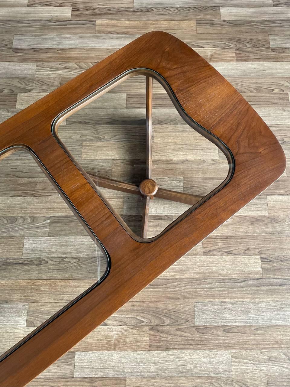 Newly Refinished -Mid-Century Modern Sculpted Walnut Coffee Table with Glass Top 3
