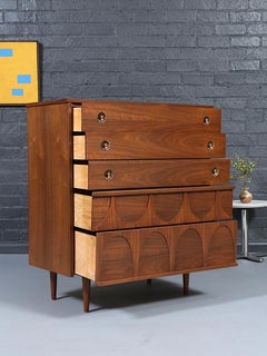 Newly Refinished - Mid Century Modern Sculpted Walnut Highboy Dresser
