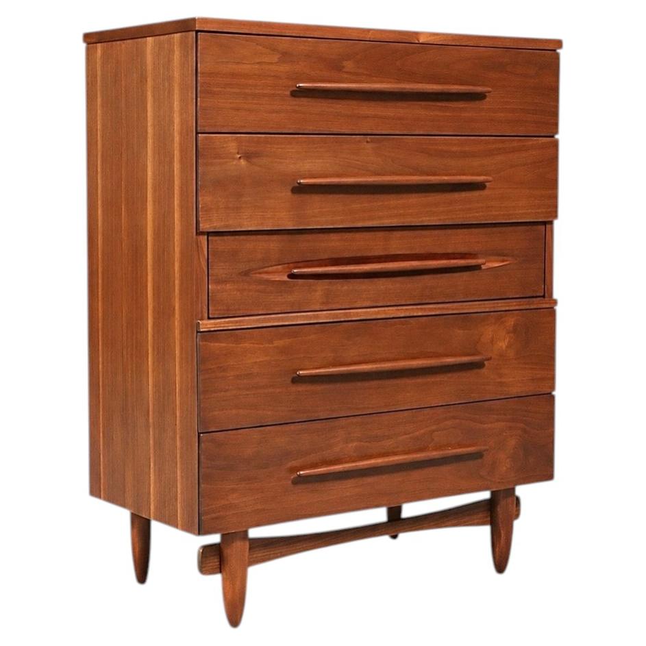 Newly Refinished - Mid-Century Modern Sculpted Walnut Highboy Dresser