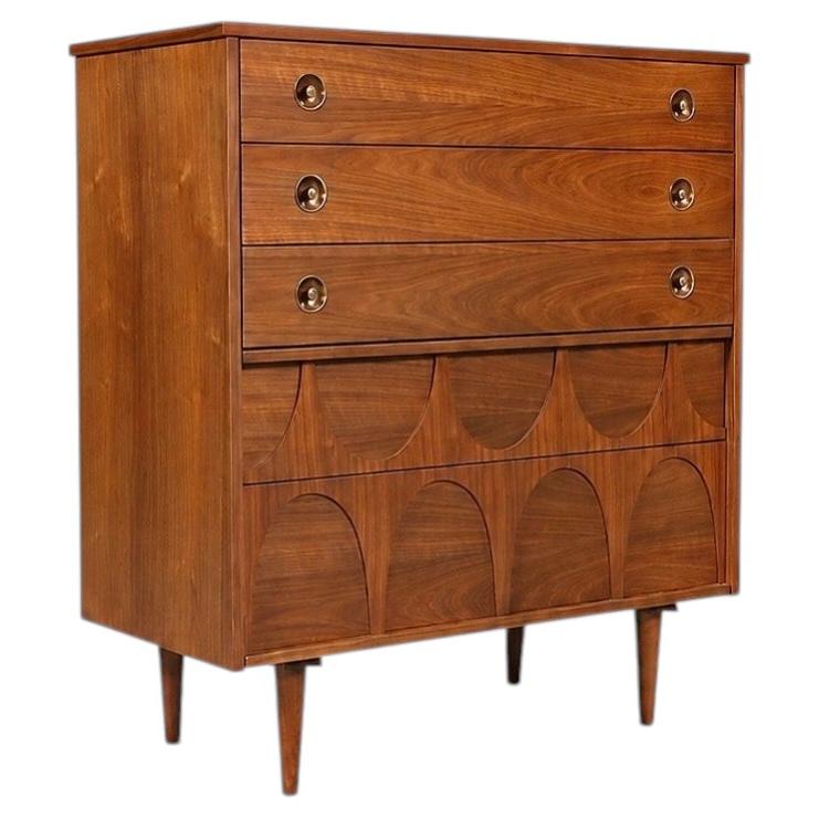 Newly Refinished - Mid Century Modern Sculpted Walnut Highboy Dresser