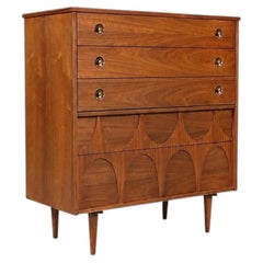 Newly Refinished - Mid Century Modern Sculpted Walnut Highboy Dresser