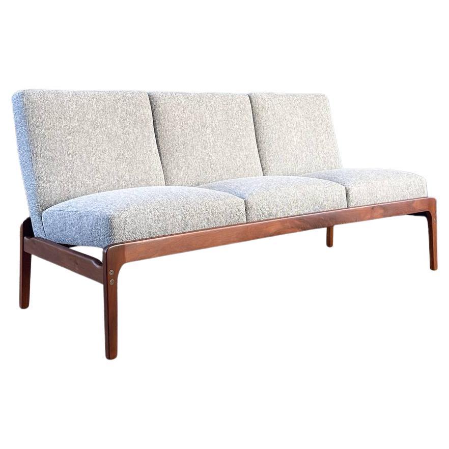 Newly Refinished - Mid-Century Modern Sculpted Walnut & New Tweed Fabric Sofa For Sale