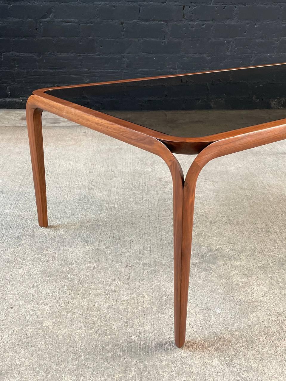 Newly Refinished - Mid-Century Modern Sculpted Walnut & Smoke Glass Coffee Table 1