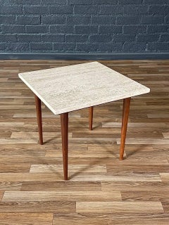 Newly Refinished - Mid-Century Modern Square Side Table w/ Travertine Marble
