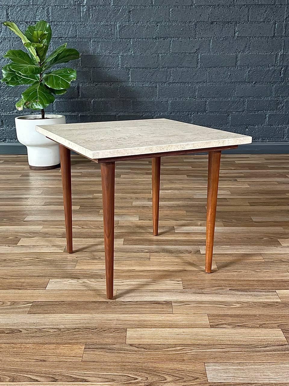 American Newly Refinished - Mid-Century Modern Square Side Table w/ Travertine Marble For Sale