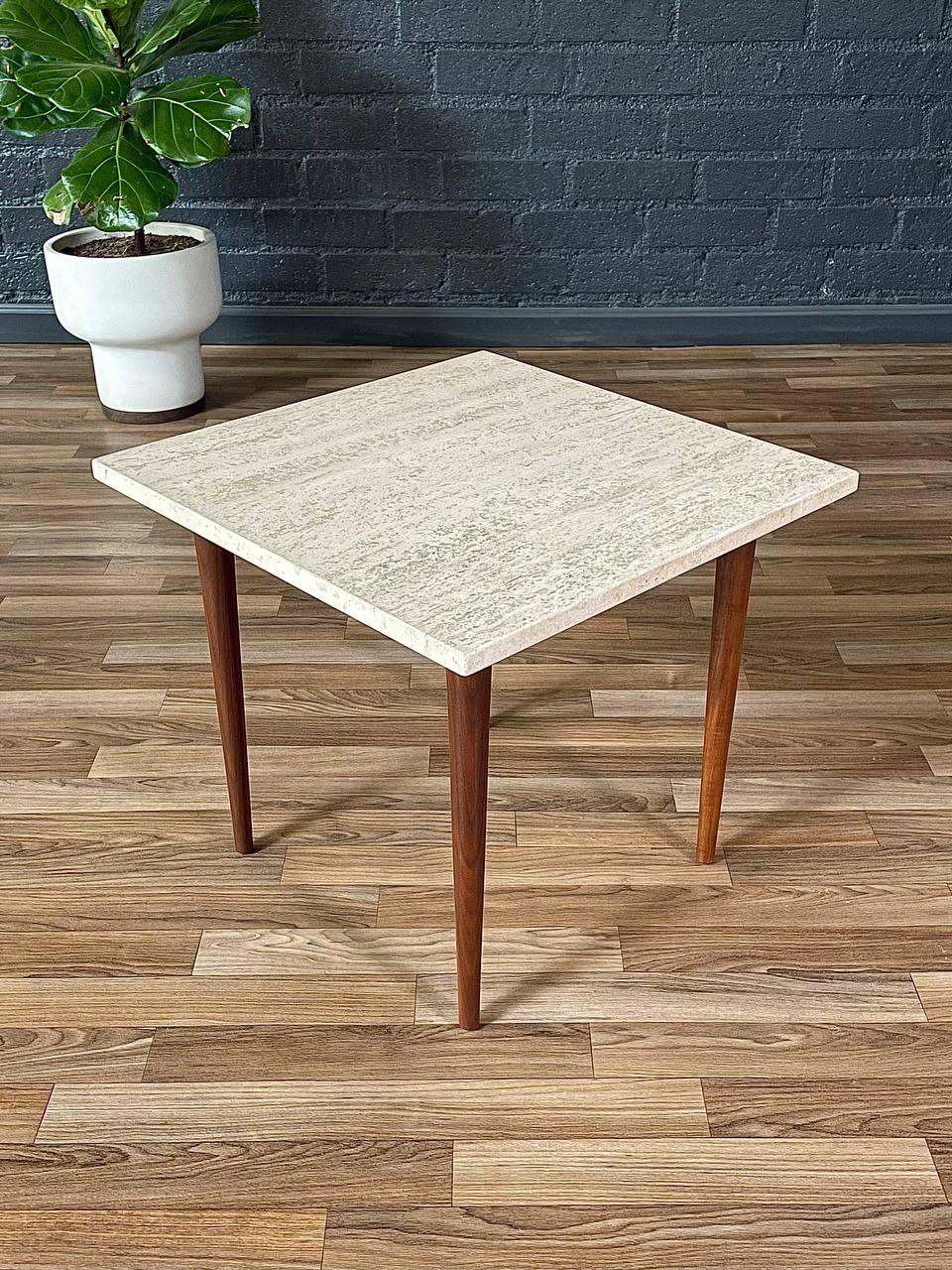 Newly Refinished - Mid-Century Modern Square Side Table w/ Travertine Marble In Excellent Condition For Sale In Los Angeles, CA