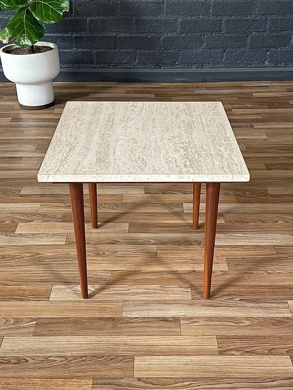 Newly Refinished - Mid-Century Modern Square Side Table w/ Travertine Marble For Sale 1