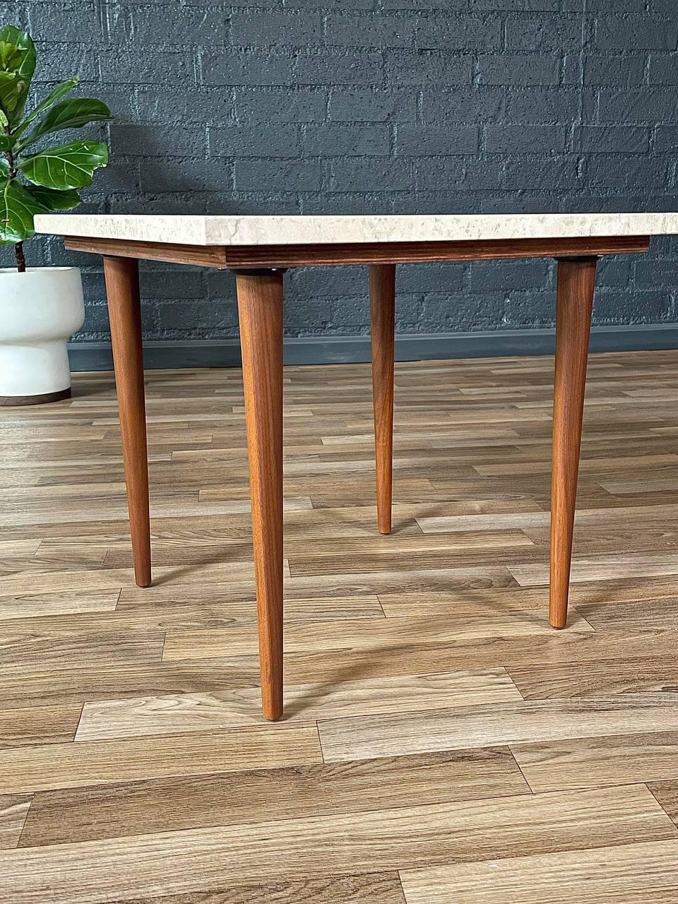 Newly Refinished - Mid-Century Modern Square Side Table w/ Travertine Marble For Sale 3